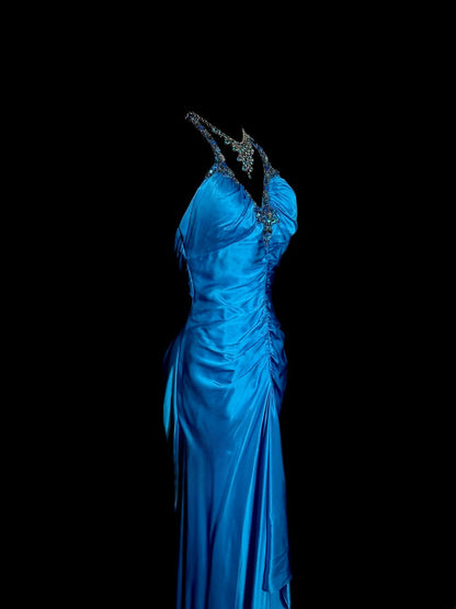 Modest Mermaid Royal Blue Halter Satin With Open Backs Prom Dresses Long Formal Dress Graduation Gown MP510