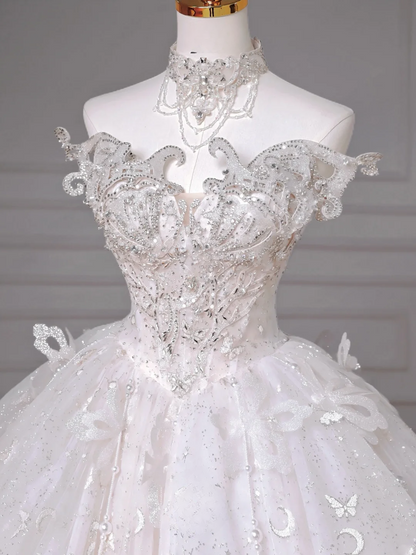 Timeless Ball Gown Sweetheart Lace Sleeveless With Beaded Crystal Bodice Bridal Gowns Princess Wedding Dresses MP011