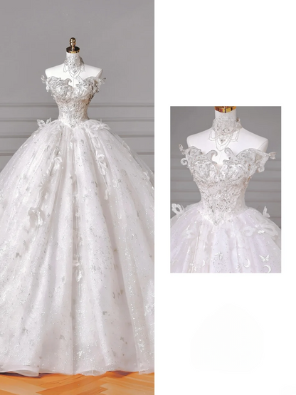 Timeless Ball Gown Sweetheart Lace Sleeveless With Beaded Crystal Bodice Bridal Gowns Princess Wedding Dresses MP011