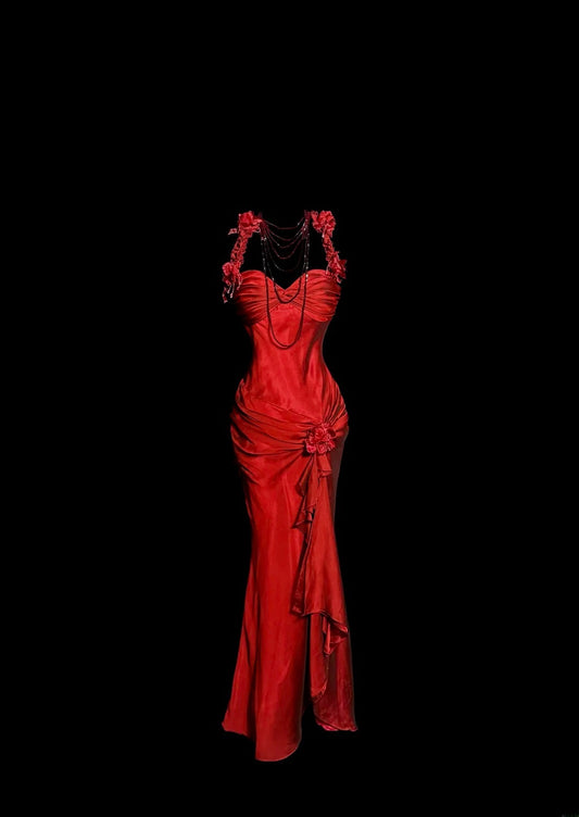 Modest Mermaid Red Sweetheart With Strap Satin With Scarf Prom Dresses Long Formal Dress Graduation Gown MP512