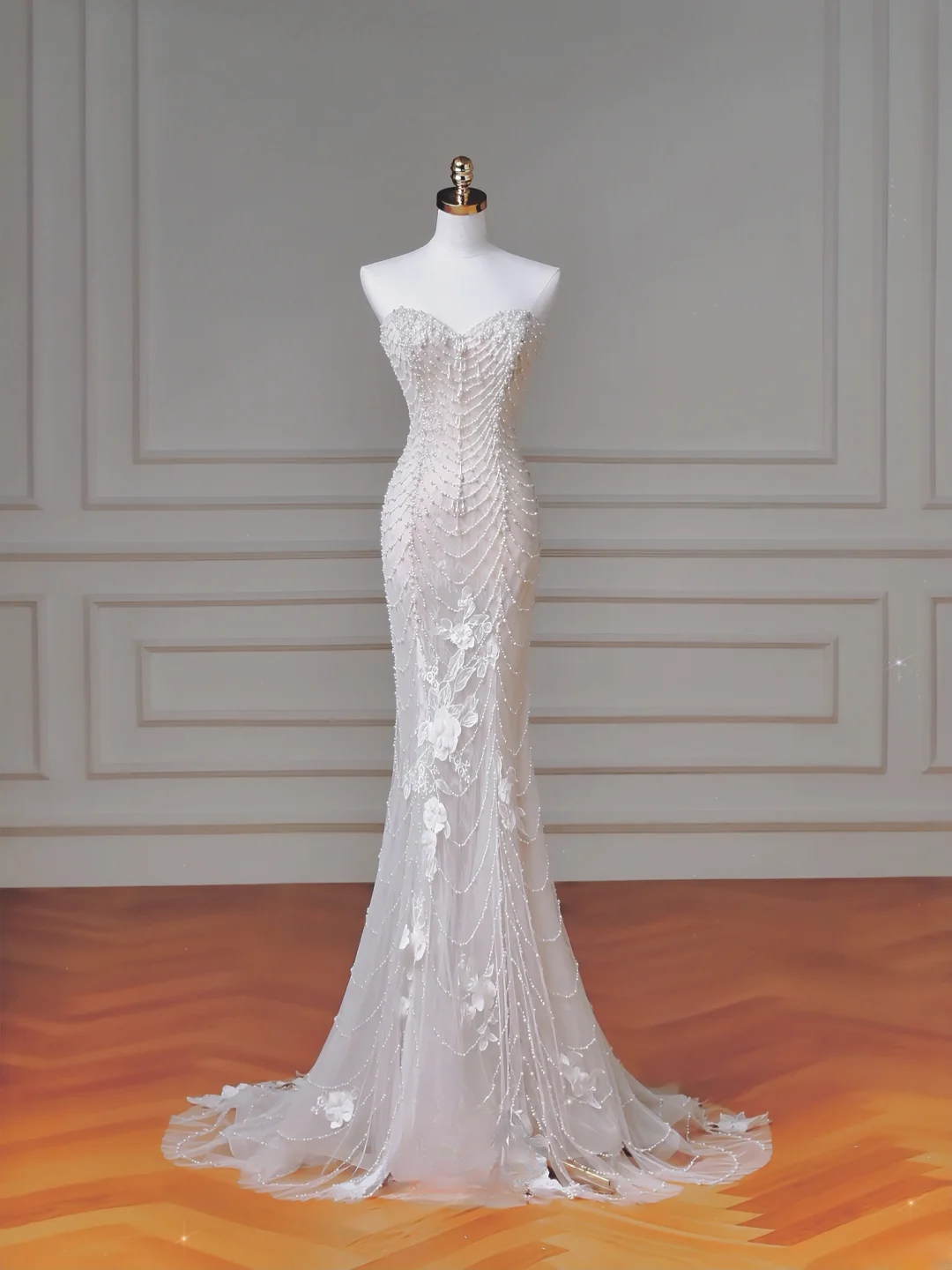 Robe de mariée de princesse intemporelle en tulle blanc avec appliques de perles et manches amovibles, coupe sirène, MP012