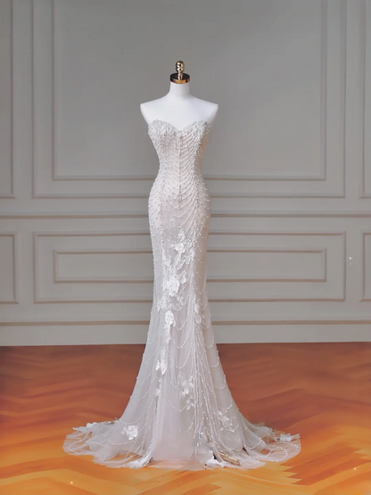 Robe de mariée de princesse intemporelle en tulle blanc avec appliques de perles et manches amovibles, coupe sirène, MP012
