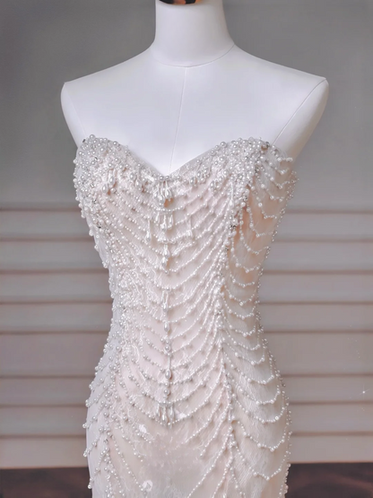 Robe de mariée de princesse intemporelle en tulle blanc avec appliques de perles et manches amovibles, coupe sirène, MP012