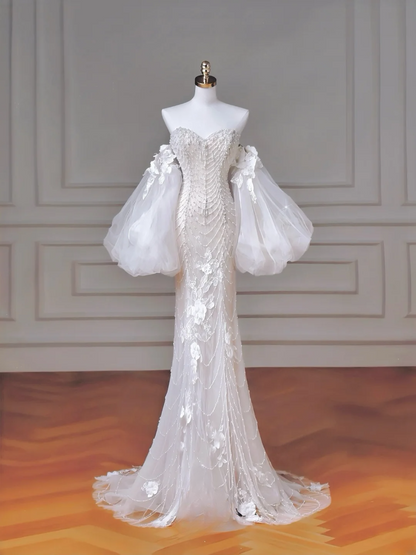 Robe de mariée de princesse intemporelle en tulle blanc avec appliques de perles et manches amovibles, coupe sirène, MP012