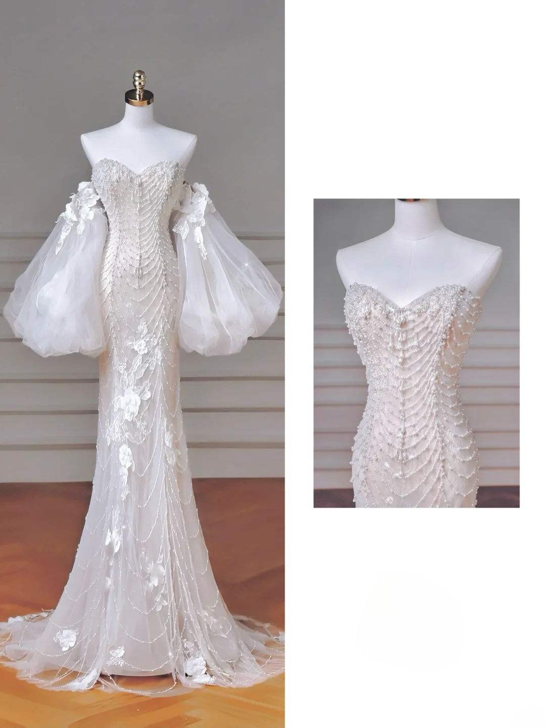 Robe de mariée de princesse intemporelle en tulle blanc avec appliques de perles et manches amovibles, coupe sirène, MP012