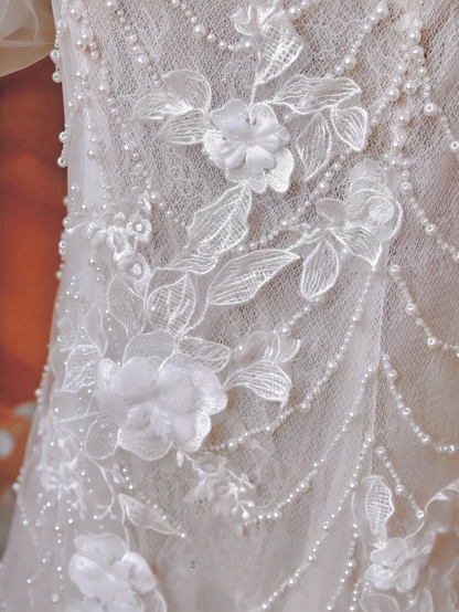 Robe de mariée de princesse intemporelle en tulle blanc avec appliques de perles et manches amovibles, coupe sirène, MP012