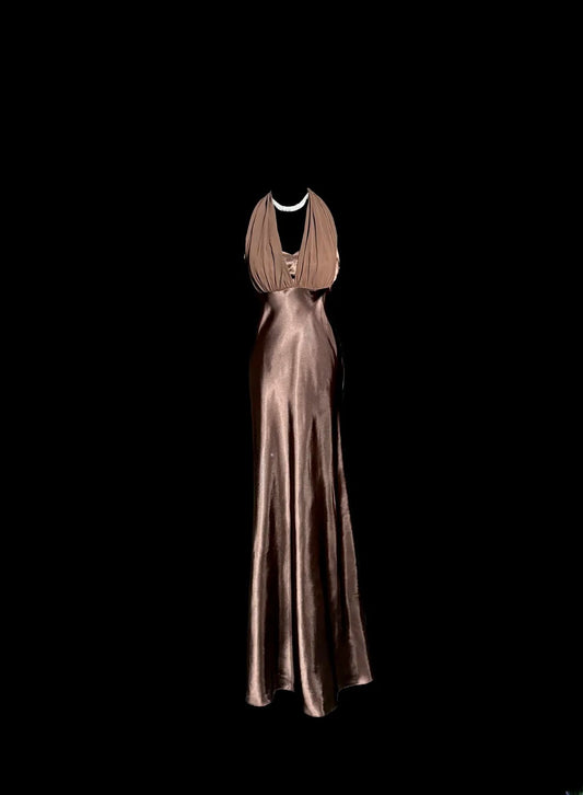 Modest Mermaid Chocolate Halter Chiffon Satin With Ruffles Prom Dresses Long Formal Dress Graduation Gown MP513