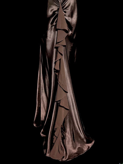 Modest Mermaid Chocolate Halter Chiffon Satin With Ruffles Prom Dresses Long Formal Dress Graduation Gown MP513