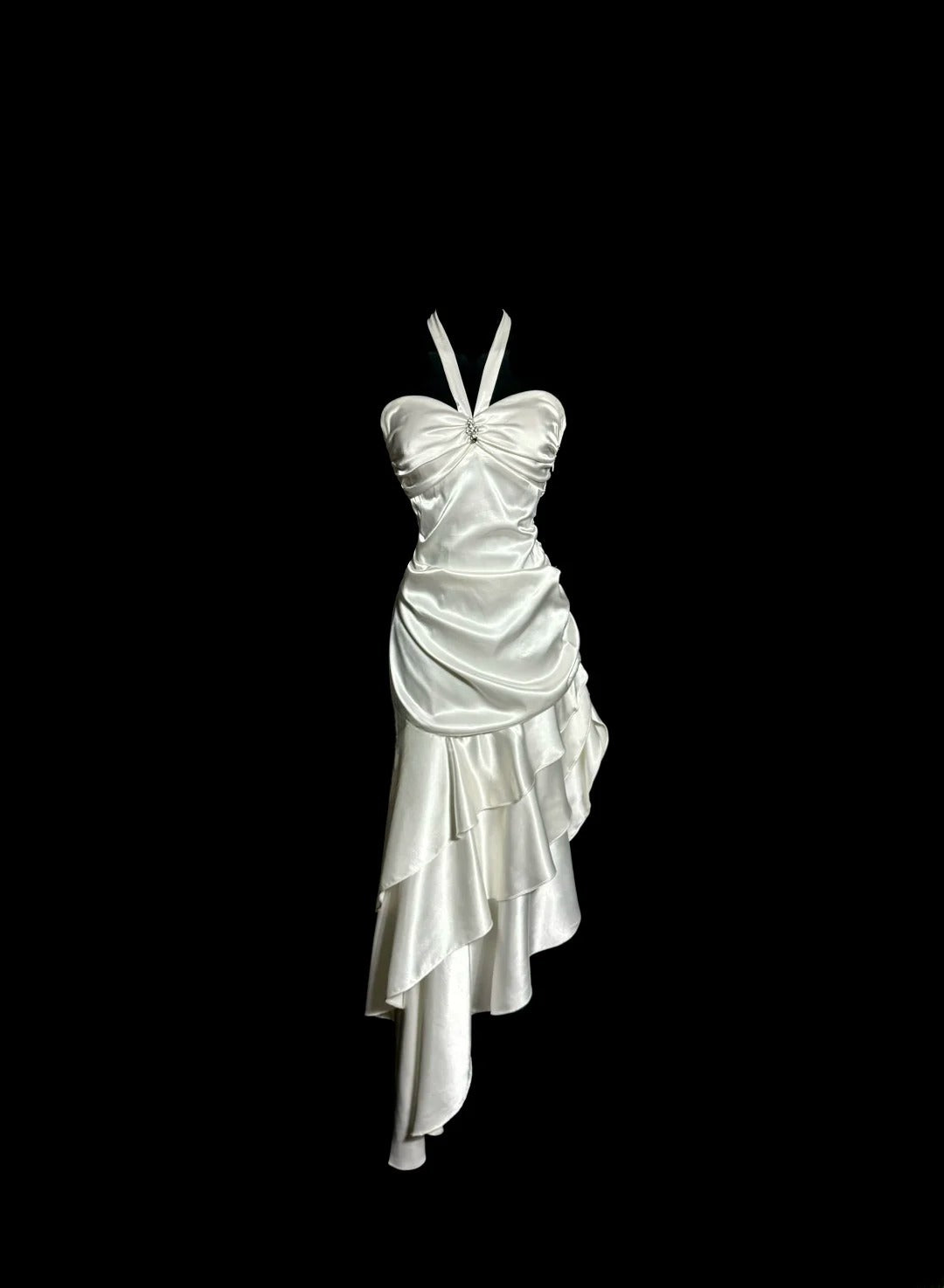 Modest Mermaid Irregular Halter Satin With Ruffles Prom Dresses Formal Dress Graduation Gown MP514