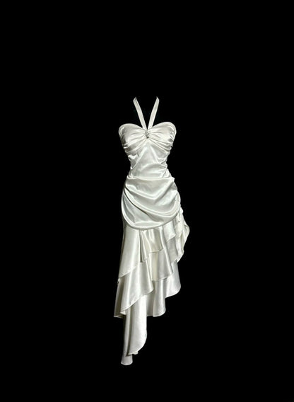 Modest Mermaid Irregular Halter Satin With Ruffles Prom Dresses Formal Dress Graduation Gown MP514