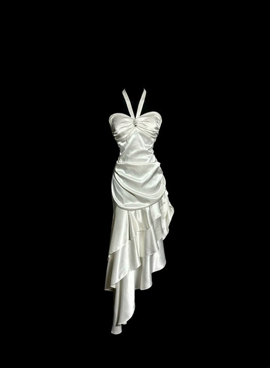Modest Mermaid Irregular Halter Satin With Ruffles Prom Dresses Formal Dress Graduation Gown MP514