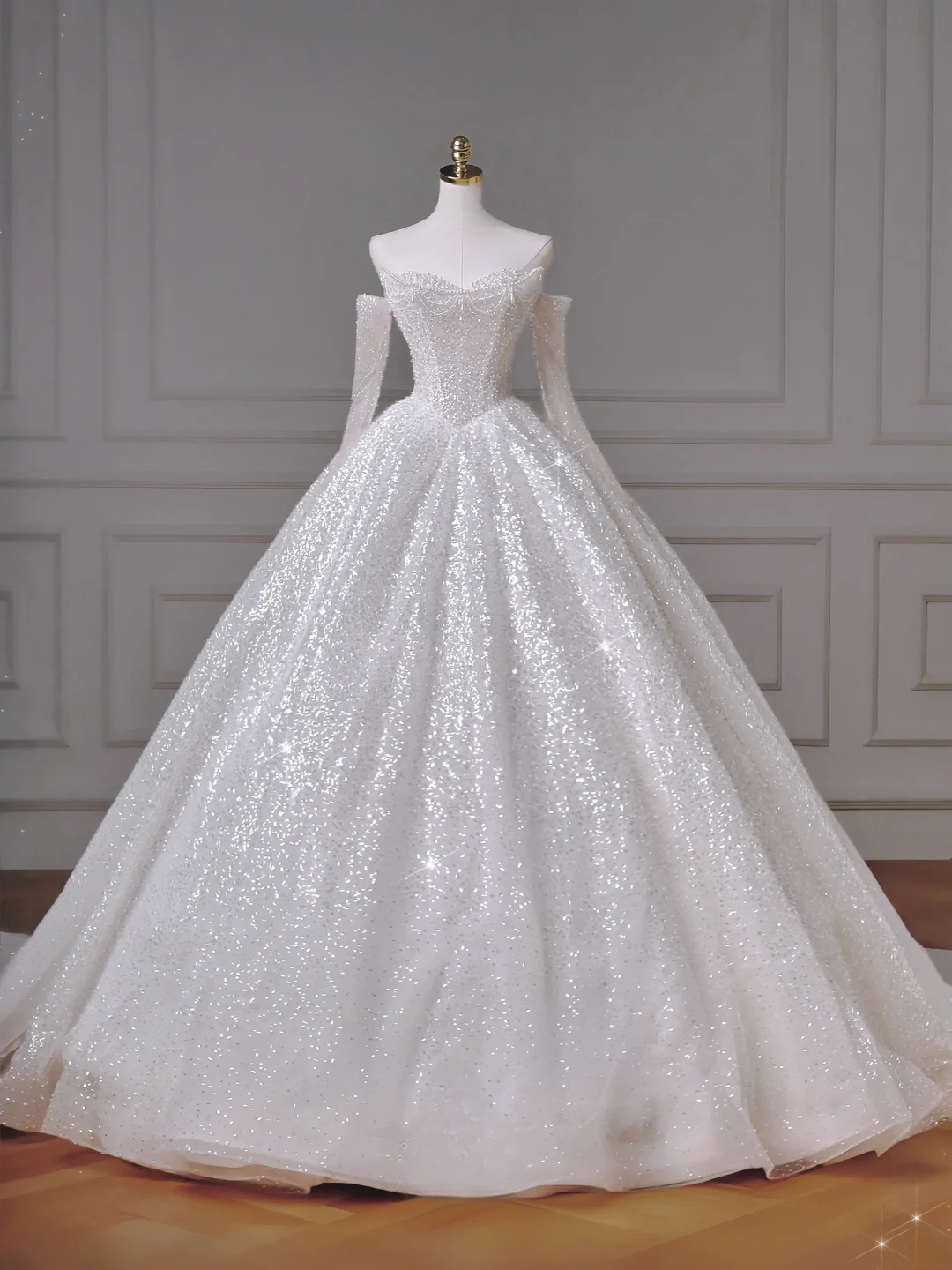 Zeitloses Ballkleid, herzförmiger Ausschnitt, weiß, Pailletten, Glitzer mit Perlen, abnehmbare lange Ärmel, Prinzessin, Brautkleid, Hochzeitskleider MP013
