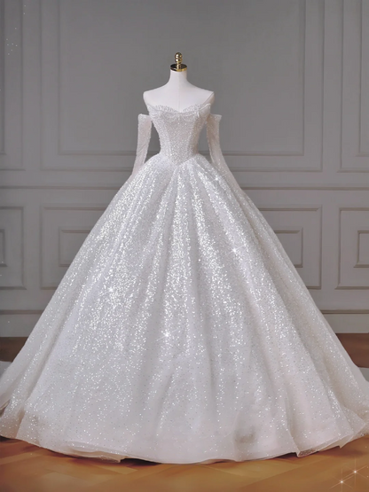 Zeitloses Ballkleid, herzförmiger Ausschnitt, weiß, Pailletten, Glitzer mit Perlen, abnehmbare lange Ärmel, Prinzessin, Brautkleid, Hochzeitskleider MP013