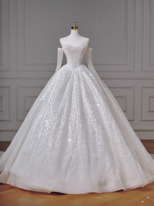 Zeitloses Ballkleid, herzförmiger Ausschnitt, weiß, Pailletten, Glitzer mit Perlen, abnehmbare lange Ärmel, Prinzessin, Brautkleid, Hochzeitskleider MP013
