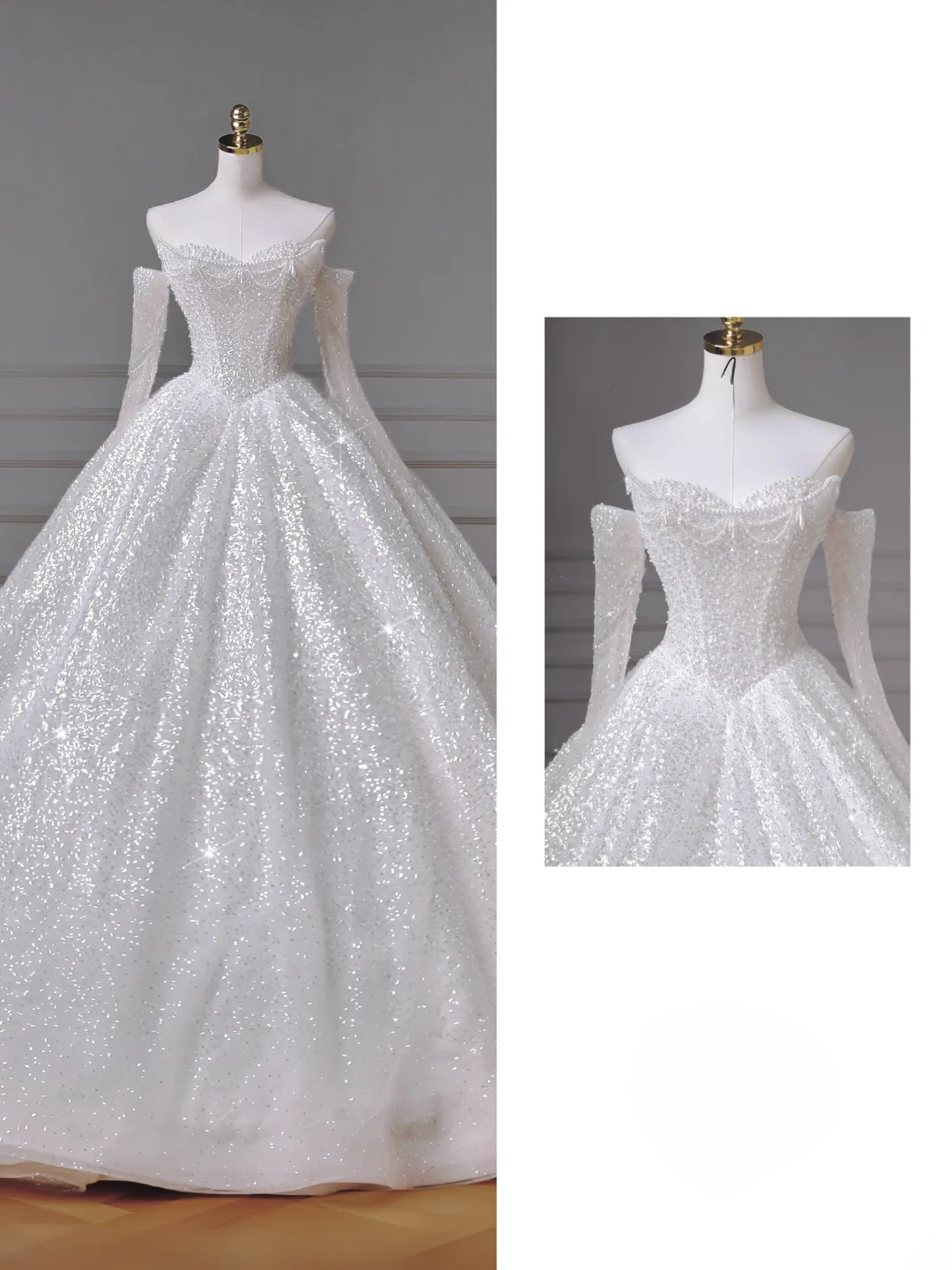 Zeitloses Ballkleid, herzförmiger Ausschnitt, weiß, Pailletten, Glitzer mit Perlen, abnehmbare lange Ärmel, Prinzessin, Brautkleid, Hochzeitskleider MP013