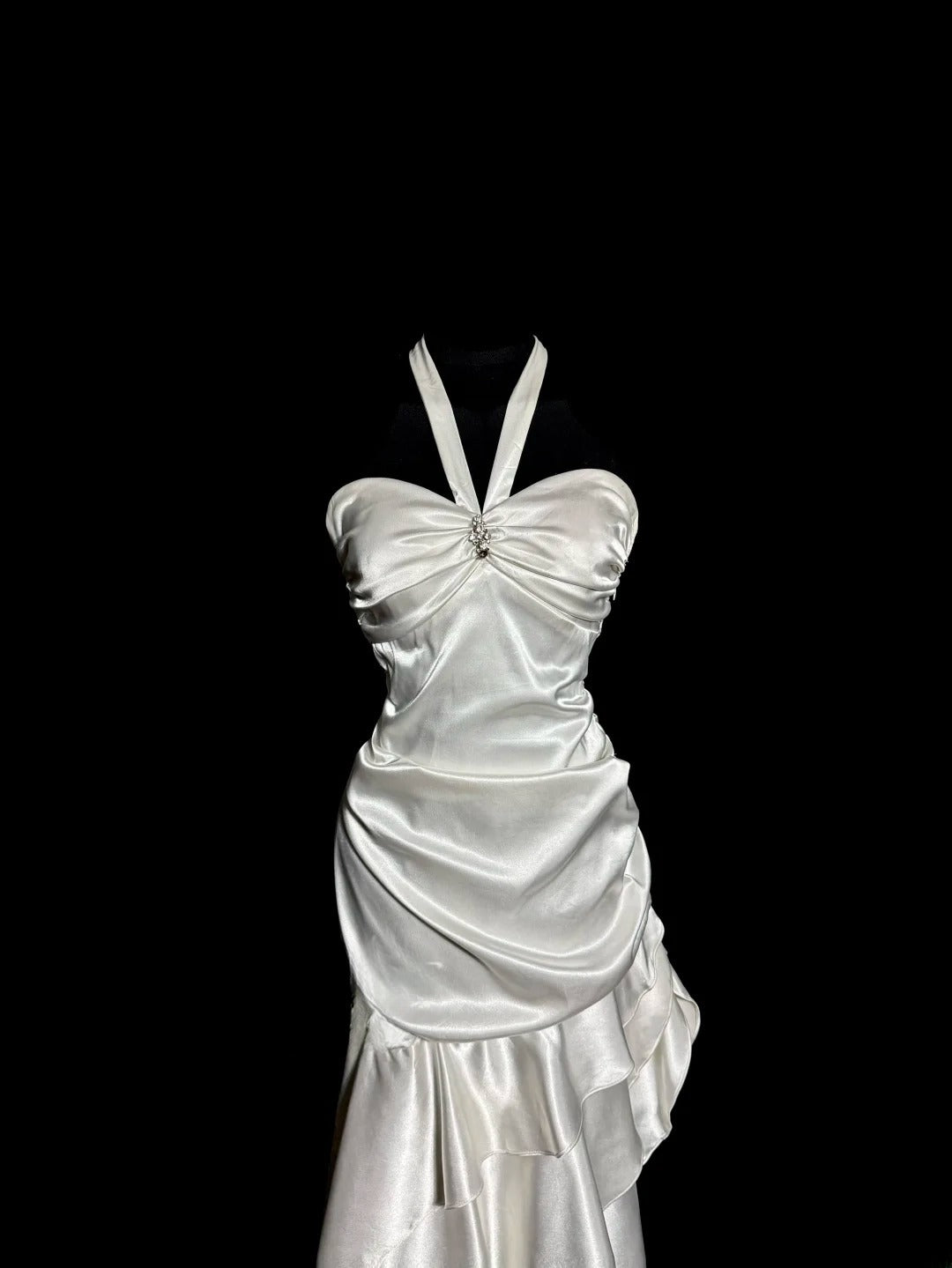 Modest Mermaid Irregular Halter Satin With Ruffles Prom Dresses Formal Dress Graduation Gown MP514