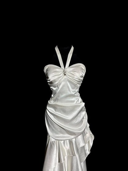 Modest Mermaid Irregular Halter Satin With Ruffles Prom Dresses Formal Dress Graduation Gown MP514