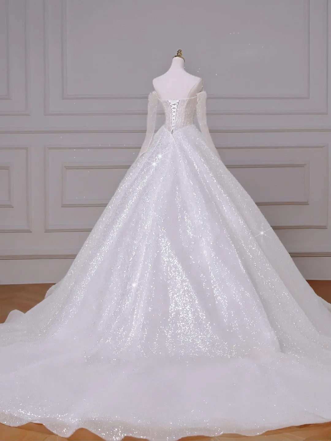 Zeitloses Ballkleid, herzförmiger Ausschnitt, weiß, Pailletten, Glitzer mit Perlen, abnehmbare lange Ärmel, Prinzessin, Brautkleid, Hochzeitskleider MP013