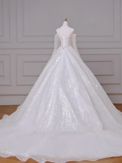 Zeitloses Ballkleid, herzförmiger Ausschnitt, weiß, Pailletten, Glitzer mit Perlen, abnehmbare lange Ärmel, Prinzessin, Brautkleid, Hochzeitskleider MP013
