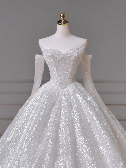 Zeitloses Ballkleid, herzförmiger Ausschnitt, weiß, Pailletten, Glitzer mit Perlen, abnehmbare lange Ärmel, Prinzessin, Brautkleid, Hochzeitskleider MP013