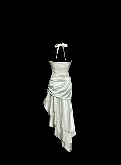 Modest Mermaid Irregular Halter Satin With Ruffles Prom Dresses Formal Dress Graduation Gown MP514