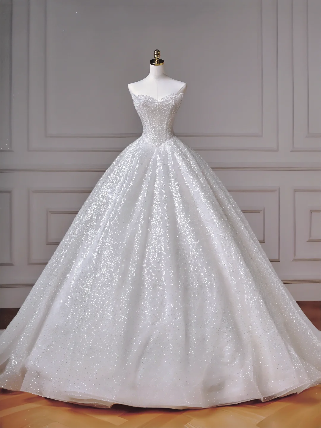 Zeitloses Ballkleid, herzförmiger Ausschnitt, weiß, Pailletten, Glitzer mit Perlen, abnehmbare lange Ärmel, Prinzessin, Brautkleid, Hochzeitskleider MP013