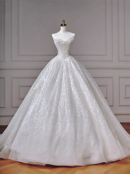 Zeitloses Ballkleid, herzförmiger Ausschnitt, weiß, Pailletten, Glitzer mit Perlen, abnehmbare lange Ärmel, Prinzessin, Brautkleid, Hochzeitskleider MP013