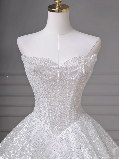 Zeitloses Ballkleid, herzförmiger Ausschnitt, weiß, Pailletten, Glitzer mit Perlen, abnehmbare lange Ärmel, Prinzessin, Brautkleid, Hochzeitskleider MP013