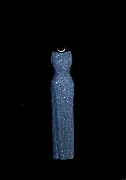 Robe de bal sirène à paillettes bleu marine sans dos et sans manches, avec dos ouvert, robe de soirée longue, robe de graduation MP515