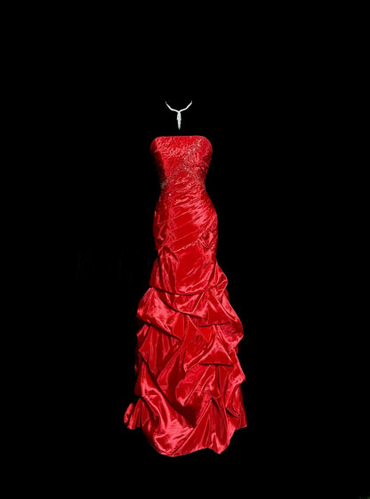 Elegantes Meerjungfrau Trägerloses Rot Ärmelloses Korsett Top Maskenball Ballkleider Langes Festliches Kleid Abschlusskleid MP516