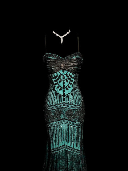Elegantes Meerjungfrauen-Abendkleid mit Spaghettiträgern, Perlenstickerei und Spitze, ärmellos, für Maskerade-Ball, Abschlussball, lange Abendrobe, Abschlusskleid MP518