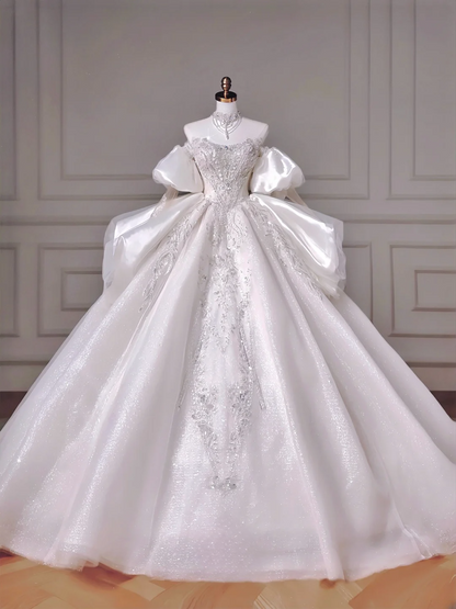 Zeitloses Ballkleid, herzförmiger Ausschnitt, Pailletten, ärmellos mit perlenbesticktem Oberteil, weiße Brautkleider, Prinzessinnen-Hochzeitskleider MP015
