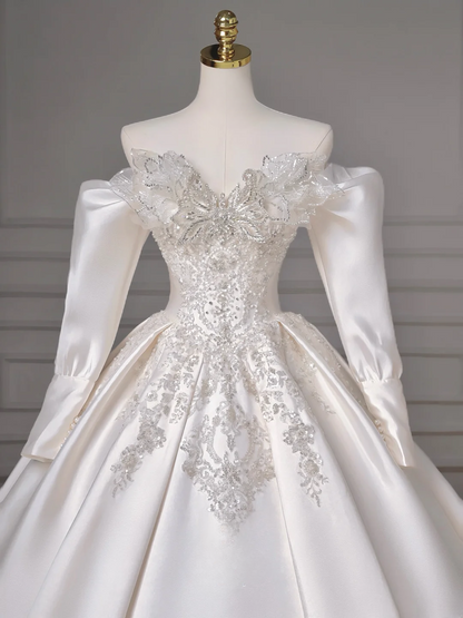 Timeless Ball Gown Sweetheart White Satin Sparkle With Beaded Bodice Appliques Removable Long Sleeves Princess Bridal Gown Wedding Dresses MP016