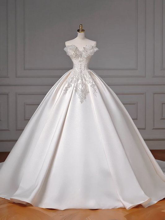 Timeless Ball Gown Sweetheart White Satin Sparkle With Beaded Bodice Appliques Removable Long Sleeves Princess Bridal Gown Wedding Dresses MP016