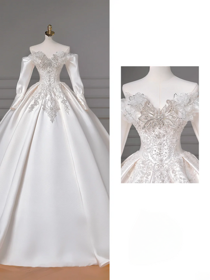 Timeless Ball Gown Sweetheart White Satin Sparkle With Beaded Bodice Appliques Removable Long Sleeves Princess Bridal Gown Wedding Dresses MP016