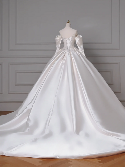 Timeless Ball Gown Sweetheart White Satin Sparkle With Beaded Bodice Appliques Removable Long Sleeves Princess Bridal Gown Wedding Dresses MP016