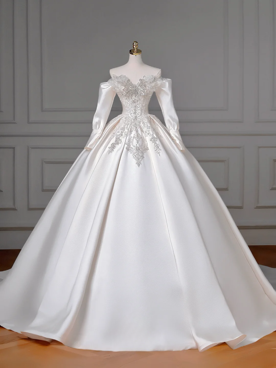 Timeless Ball Gown Sweetheart White Satin Sparkle With Beaded Bodice Appliques Removable Long Sleeves Princess Bridal Gown Wedding Dresses MP016