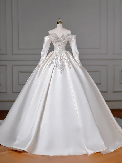 Timeless Ball Gown Sweetheart White Satin Sparkle With Beaded Bodice Appliques Removable Long Sleeves Princess Bridal Gown Wedding Dresses MP016
