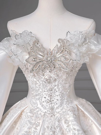 Timeless Ball Gown Sweetheart White Satin Sparkle With Beaded Bodice Appliques Removable Long Sleeves Princess Bridal Gown Wedding Dresses MP016