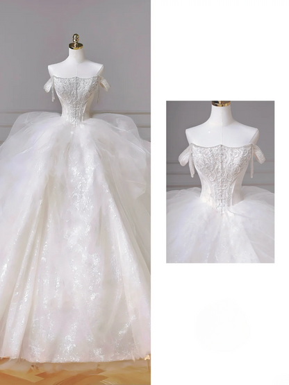 Robe de bal intemporelle, bustier, tulle blanc scintillant avec manches courtes, corsage orné de perles et d'appliques, robes de mariée de princesse MP017