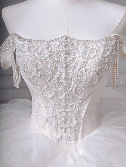 Robe de bal intemporelle, bustier, tulle blanc scintillant avec manches courtes, corsage orné de perles et d'appliques, robes de mariée de princesse MP017