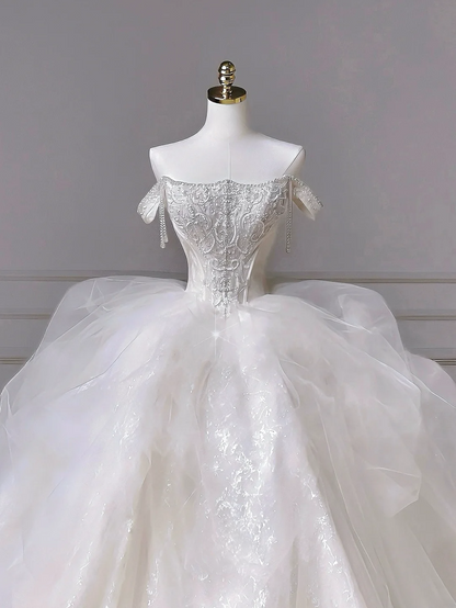 Robe de bal intemporelle, bustier, tulle blanc scintillant avec manches courtes, corsage orné de perles et d'appliques, robes de mariée de princesse MP017