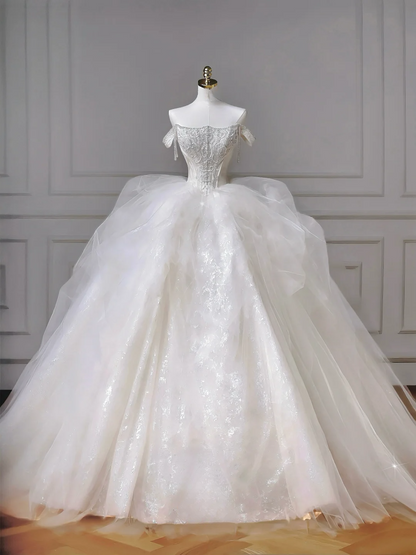 Robe de bal intemporelle, bustier, tulle blanc scintillant avec manches courtes, corsage orné de perles et d'appliques, robes de mariée de princesse MP017