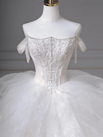 Robe de bal intemporelle, bustier, tulle blanc scintillant avec manches courtes, corsage orné de perles et d'appliques, robes de mariée de princesse MP017