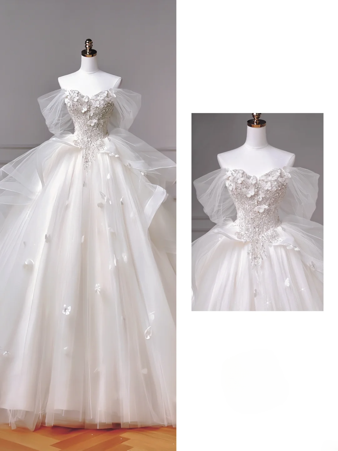 Zeitloses Ballkleid Schulterfrei Weißer Tüll Glitzerbesetztes Oberteil Mit Ärmeln Perlenbesetzte Applikationen Prinzessinnen-Brautkleider Hochzeitskleider MP018
