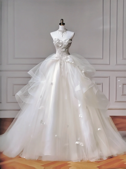 Zeitloses Ballkleid Schulterfrei Weißer Tüll Glitzerbesetztes Oberteil Mit Ärmeln Perlenbesetzte Applikationen Prinzessinnen-Brautkleider Hochzeitskleider MP018
