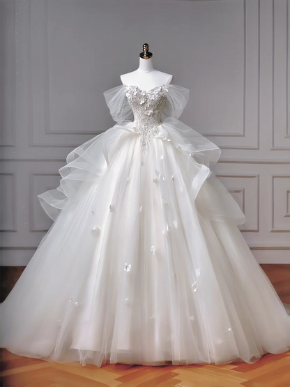 Zeitloses Ballkleid Schulterfrei Weißer Tüll Glitzerbesetztes Oberteil Mit Ärmeln Perlenbesetzte Applikationen Prinzessinnen-Brautkleider Hochzeitskleider MP018