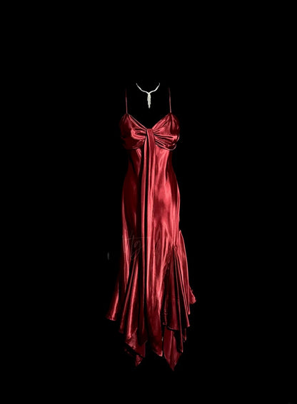 Élégante Robe de Bal Longueur Thé Rouge Satin Sirène à Bretelles Fines sans Manches pour Femme Robes de Soirée MP528