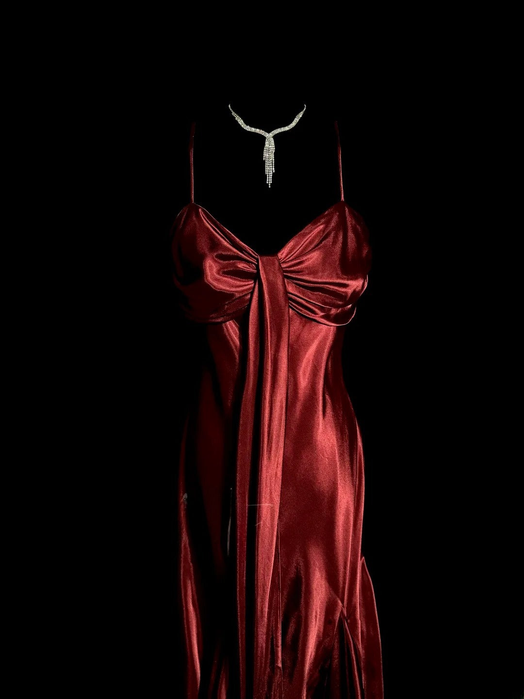 Élégante Robe de Bal Longueur Thé Rouge Satin Sirène à Bretelles Fines sans Manches pour Femme Robes de Soirée MP528