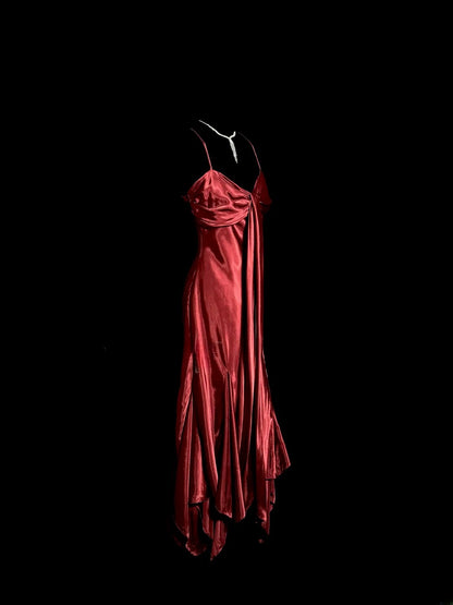 Élégante Robe de Bal Longueur Thé Rouge Satin Sirène à Bretelles Fines sans Manches pour Femme Robes de Soirée MP528